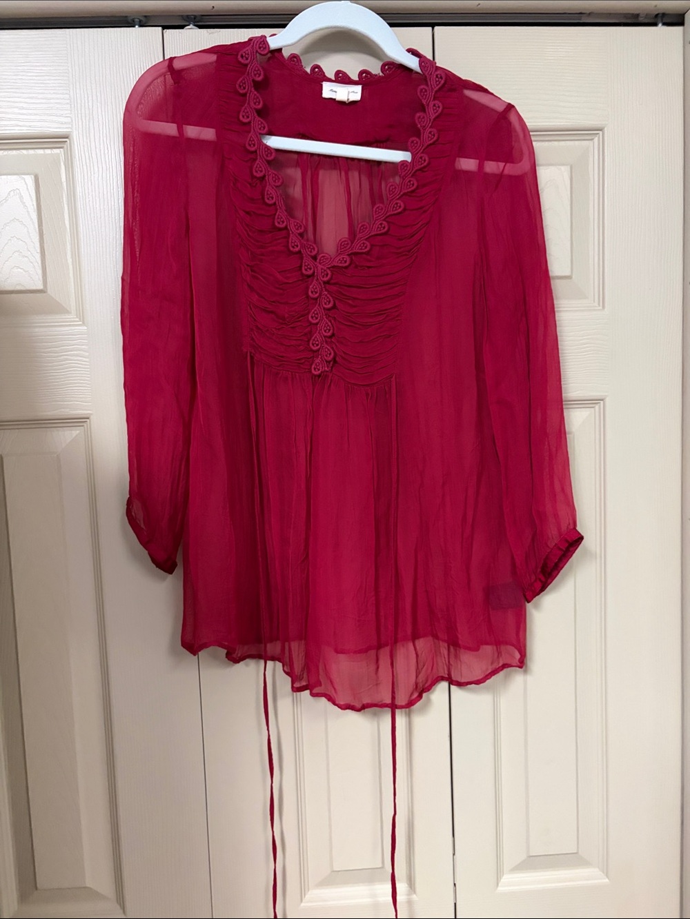 Meadow Rue Sheer Ruffled Tie-Front Blouse - Fuchsia